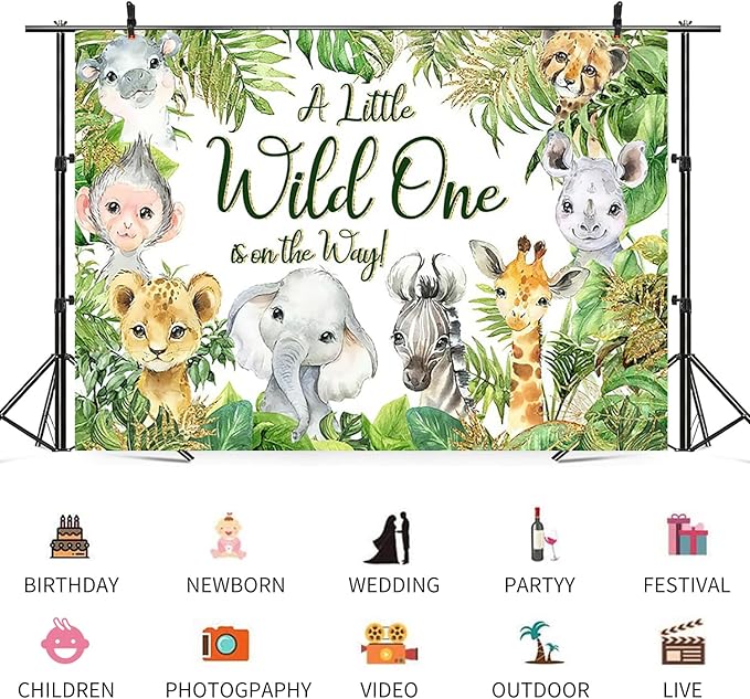 8x6ft Baby Shower Backdrop A Little Wild One is On The Way Photography Background Jungle Animals Tropical Green Leaf Newborn Birthday Party Banner Decorations Gender Reveal Photo Booth Prop
