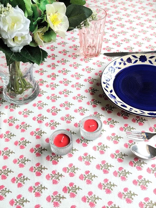 ATOSII Gulbahar White Pink 100% Cotton Fall Rectangle Tablecloth, Handblock Print Floral Table Cloth for Kitchen Dining Linen I Thanksgiving Christmas Weddings Outdoors I 72 X 108 Inches I 8 Seater