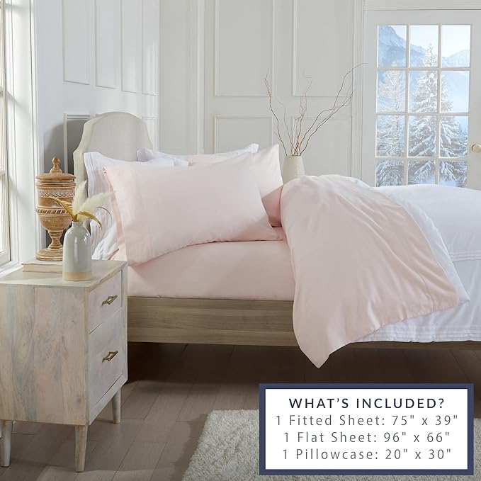 Market & Place 100% Turkish Cotton Flannel Sheet Set | 3 Piece Deep Pocket Solid Cozy Winter Bed Sheets | Double Brushed for Extra Softness & Comfort | Chalet Collection (Twin, Blush Pink)