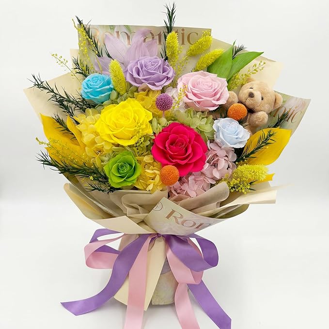 Preserved Bouquet with Bear: Big Flowers Big Love-Romantic Gifts for Her Wife Girlfriend Mom-Flowers for Delivery Prime on Christmas Valentines Day Anniversary Mothers Day (dopamine1)
