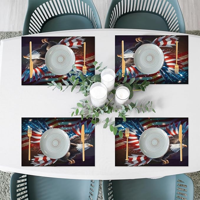 Independence Day Bald Eagles Flag Placemats Set of 4 PVC Vinyl Non Slip Table Mats Waterproof Heat Resistant Place Mats Washable Wipeable Dining Table Mat for Kitchen Party Indoor Outdoor Decorative