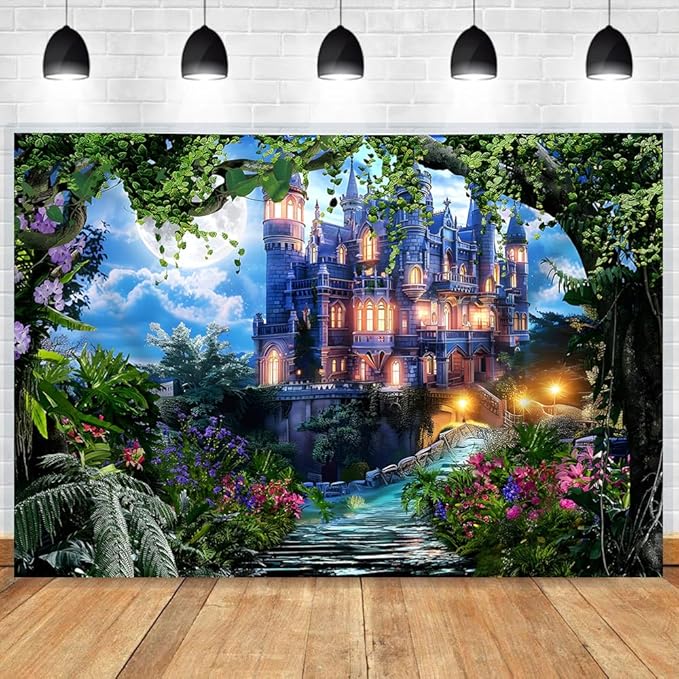 5x3ft Spring Fantasy Castle Palace Backdrop Vinyl Fairy Tale Prince Princess Flower Forest Wonderland Castle Photography Background Girl Home Decor Birthday Party Portrait Photo Props