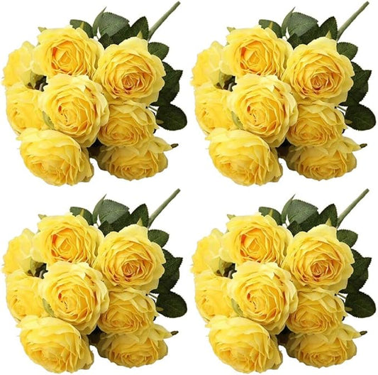 Jasion 4 Bundles Artificial Roses Flowers 10 Heads Arrangement Silk Bridal Bouquet for Home Office Parties and Wedding Decoration (Yellow 4pcs)