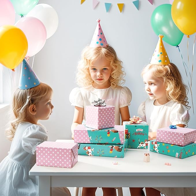 WERNNSAI Cat Birthday Wrapping Paper Roll - 1 Roll 17” X 33 ft Cat Gift Wrapping Paper Roll Girls Kids Birthday Green Pink Wrap Paper with Polka Dot Design for Gift Packing Supply