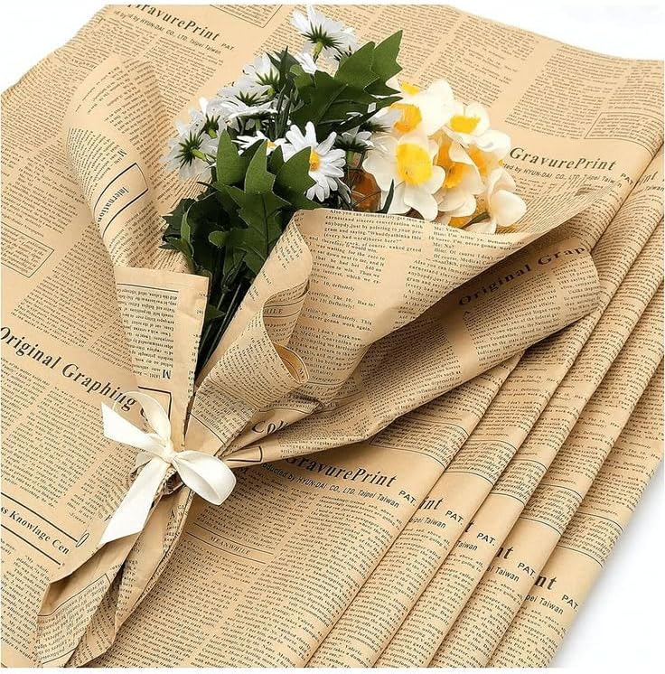 LeZakaa 20 Sheets Kraft Newsprint Flower Wrapping Paper -Reversible Floral Bouquet Paper -Black Font Kraft Newsprint Design for Valentine's Day, Mother's Day, Parties, Birthdays, Weddings, Baby Shower