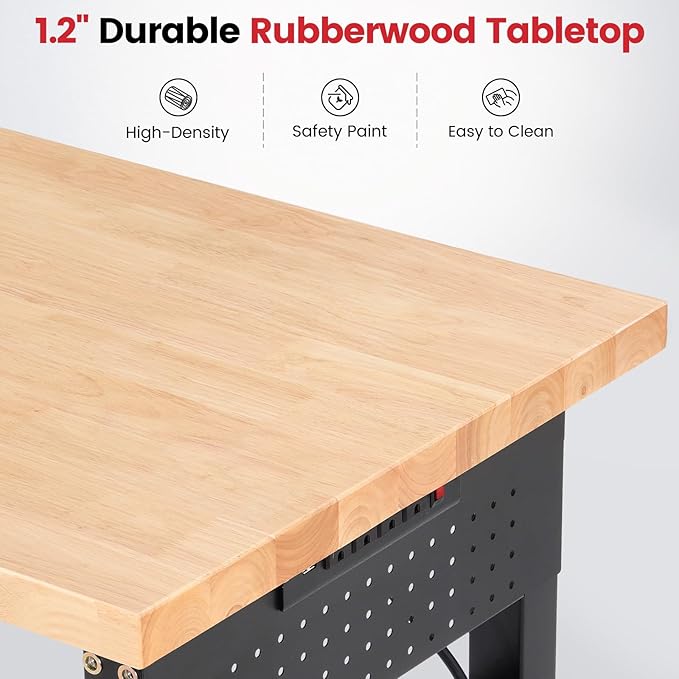 Work Bench 72 Inch Adjustable Height Workbench with Power Outlets & Extended Pegboard 5000 lbs Load Capacity Heavy Duty Work Table for Garage, Workshop, Home, Office