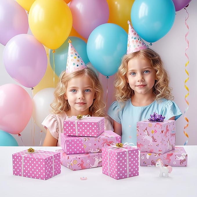 WERNNSAI 17”x 66 ft Unicorn Gift Wrapping Paper Jumbo Roll - 1 Roll Happy Birthday Gift Packing Paper Reversible Purple Unicorn Wrapping Paper for Girls Kids Birthday Party Gift Wrap with Polka Dot De