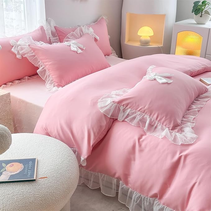 Girls Lace Bedding,Queen Comforter Cover Set, Chic Ruffled Duvet Cover with Lovely Bow,Princess Style 1 Duvet Cover with 2 Pillowcases, No Comforter-Bright Pink,Queen Size