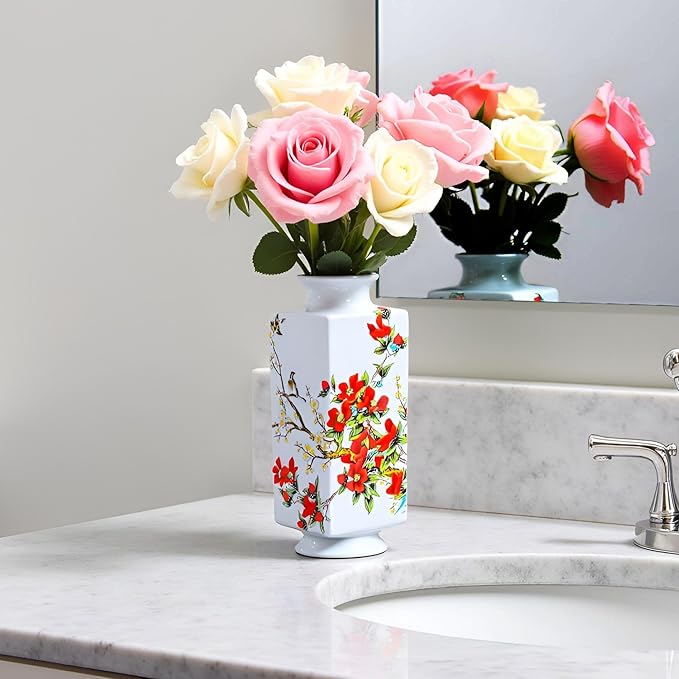 MTME Porcelain Figurines, Jingdezhen Decorative Flower vase, Home Decor, Wedding Gifts, Aesthetic Sculpture Home décor (red Flowers)