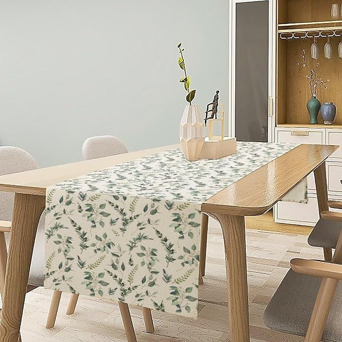 Watercolor Leaf Table Runner, Green Botanical Leaves Nature Decor Table Runner for Kitchen Dining Party Picnic Decoration, 13x60 Inch