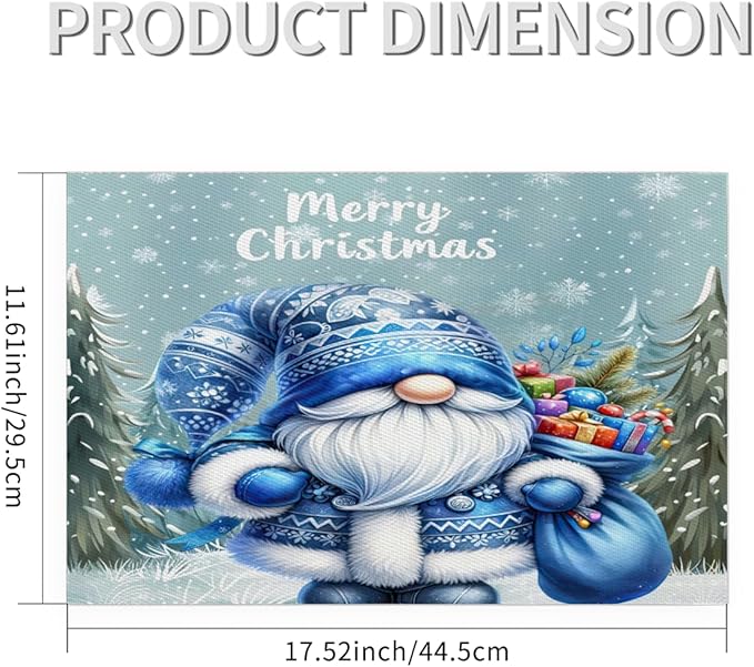 Xmas Christmas Gnomes Bule Snowflake Placemats Set of 6 PVC Vinyl Non Slip Table Mats Heat Resistant Place Mats Washable Wipeable Dining Table Mat for Kitchen Party Indoor Outdoor Decorative Gift