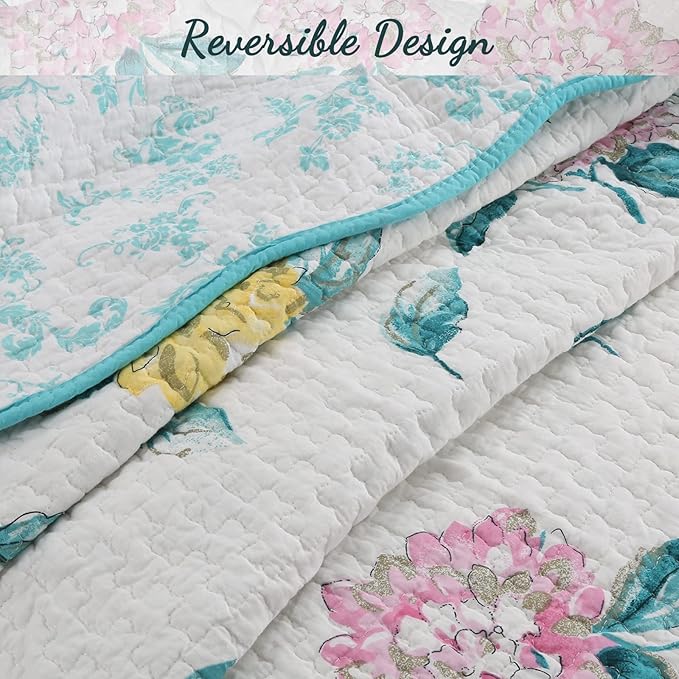 Cozy Line Home Fashions 100% Cotton Turquoise Blue Floral Hydrangea Garden Leaf Reversible Quilt Bedding Set, Coverlet, Bedspread (Valencia Bloom, Queen-3 Piece)