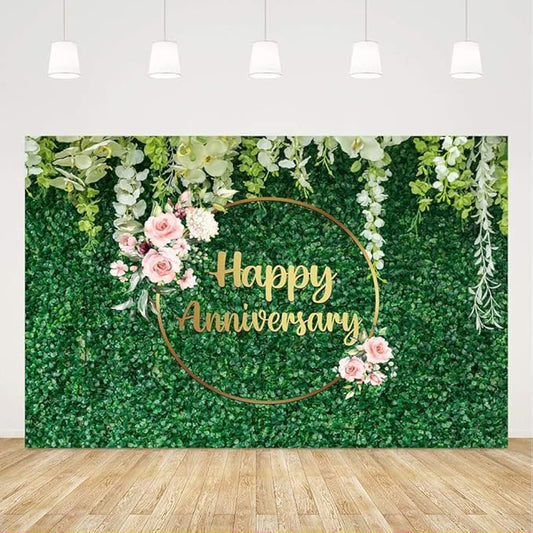 Ticuenicoa 5x3ft Green Grass Wall Floral Happy Anniversary Backdrop for Flower Love Cheers to 10 Years 50th Wedding Birthday Party Supplies Decorations Banner Photo Booth Props Gifts Background