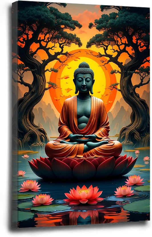 Canvas wall art Golden Buddha on lotus at sunset Ancient trees with reflections on water Serene meditation scene Uplifting wall art for mindfulness and tranquil home decor 24x36in Wood Framed