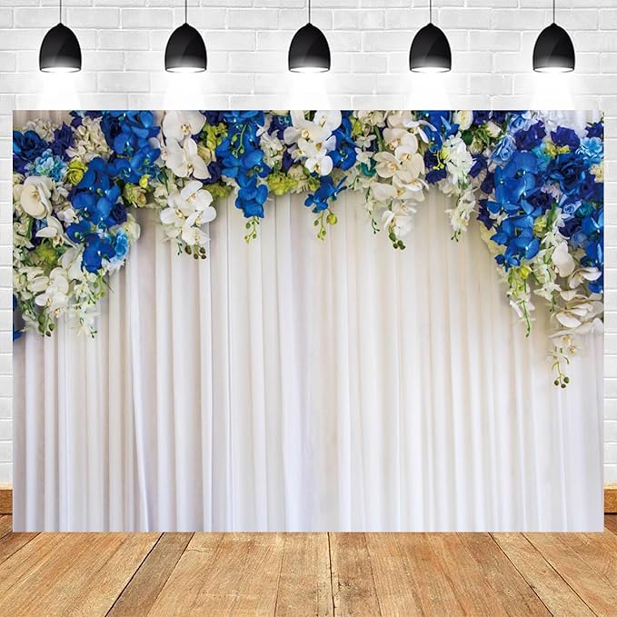 7x5ft White Wedding Backdrop White Blue Floral Flowers Photography Background Bride Groom Ceremony Party Bridal Shower Banner Decorations Engagement Proposal Portrait Photo Booth Prop