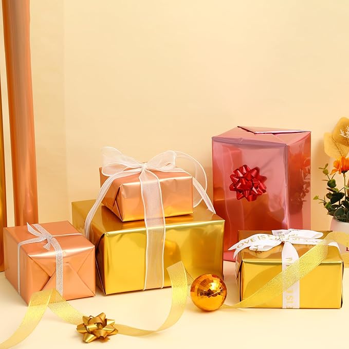 FWSA WRAPS Metal Gold Gift Wrapping Paper Roll, Waterproof Floral Bouquet Wrapping Paper, Valentine's Day Mother's Day, Birthday, Christmas Gift Box Packing 22x360 inches (Gold)