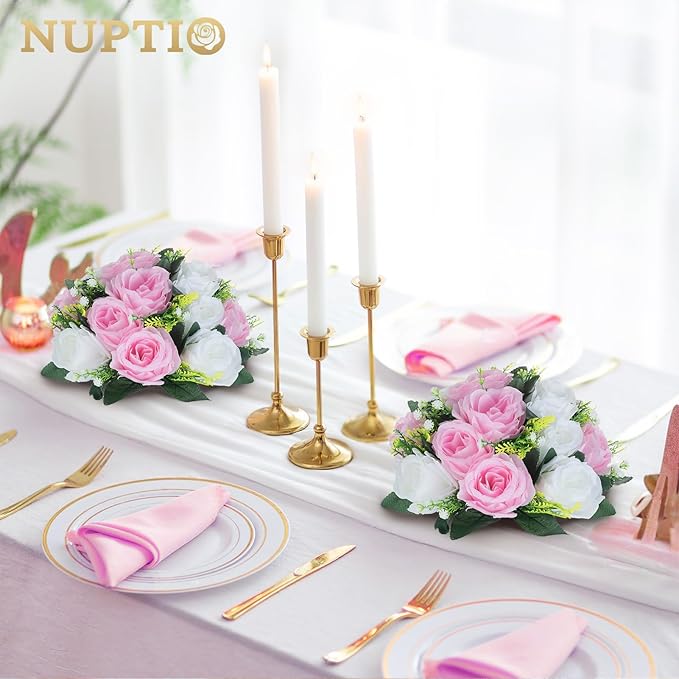 NUPTIO Flower Centerpieces for Wedding Tables: Pink & White Artificial Flower Ball Arrangement for Weddings Party - 2 Pcs Fake Floral Rose for Birthday Bridal Shower Decorations