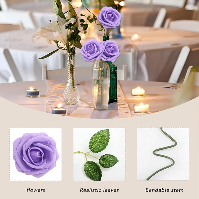 50PCS Artificial Flowers Purple Roses Real Looking Foam Fake Roses with Leaves and for DIY Wedding Bouquets Bridal Shower Centerpieces Party Decorations (Purple, 50)