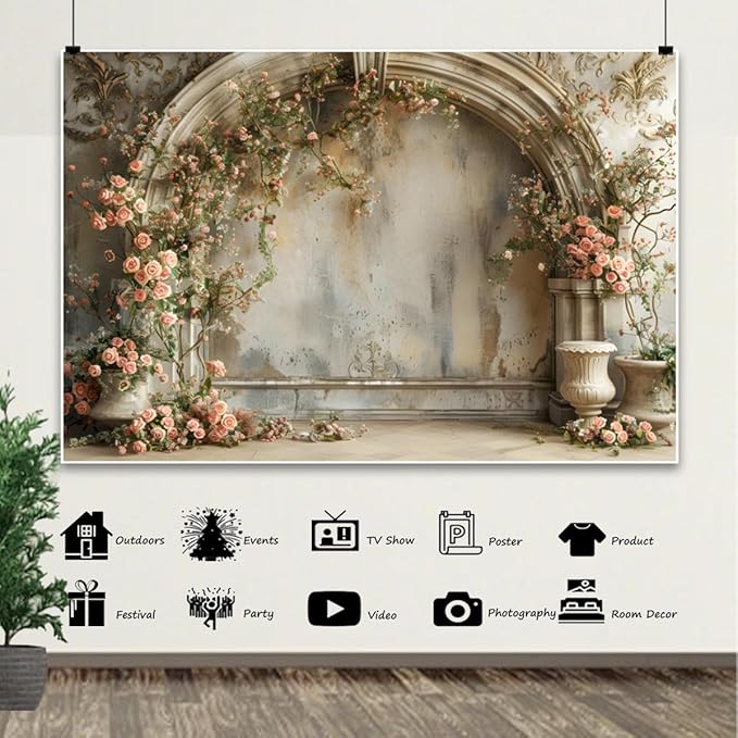 15x8ft Vintage Floral Backdrop for Wedding Old Medieval Building Wall Pink Roses Flowers Photography Banner for Bridal Shower Birthday Mothers Day Womens Day Girls Women Maternity Portrait