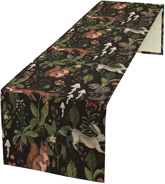 Rustic Woodland Table Runner, Rustic Forest Wild Animals Bunny Rabbit Squirrel Mushroom Plants Table Runner for Holiday Farmhouse Kitchen Dining Table Decor, 13x60inch