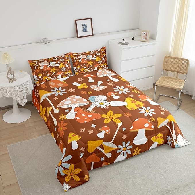Castle Fairy 60s 70s Retro Hippie Twin Size Comforter Set,Groovy Flowers Mushroom Print Duvet Set for Kids Boys Bedroom,Boho Art Soft Microfiber Bedding Comforters,2 Pcs