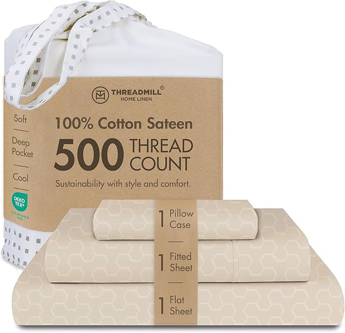 Threadmill 500TC Cotton Twin XL Sheet Set - Light Beige Floria, 3-Piece Bed Linen Set with 15" Deep Pocket, Damask Jacquard Sateen, Premium Soft Breathable Hotel-Style Sheets