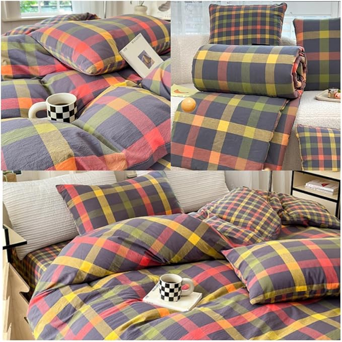 LifeTB Plaid Checkered Comforter Set King 3 Pieces Grid Gingham Bedding Comforter with 2 Pillowcases Farmhouse Lightweight Bedding Fluffy Multicolor Grid Bed Comforter Set King Size for All Season