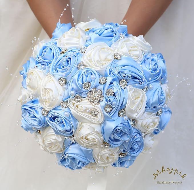 Bridal Wedding Bouquet Round Bling Brooch Bouquet Throw Toss Artificial Rose Flower Bunch for Bride Bridesmaid Wedding Quinceanera(Light Blue & Ivory, 8.7")