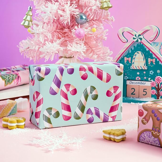 WRAPAHOLIC Christmas Wrapping Paper Roll - Mini Roll - 3 Rolls - 17 Inch x 120 Inch Per Roll - Pink & Blue Gingerbread Wrapping Paper Holiday Collection for Xmas Holiday, Party Celebration
