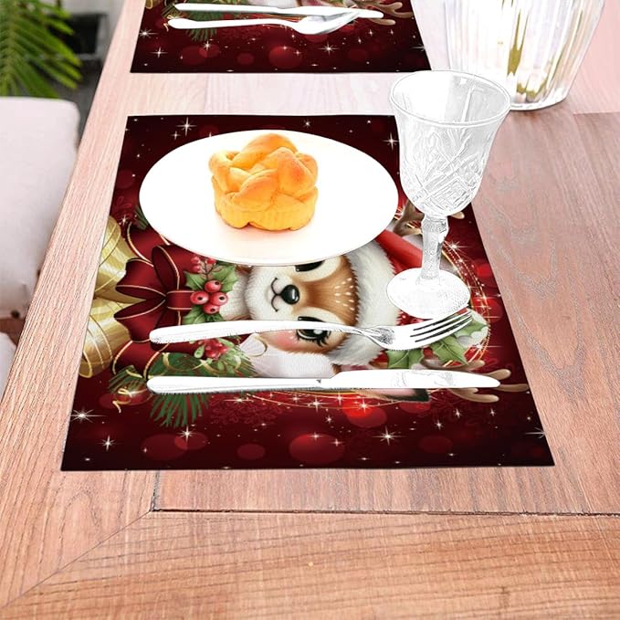 PVC Placemats Set of 1 Wipeable Table Mats Washable Heat Resistant Non Slip Vinyl Dining Table Mat for Kitchen Indoor Outdoor Patio Farmhouse Place Mats Red Christmas Bell Deer Decorative