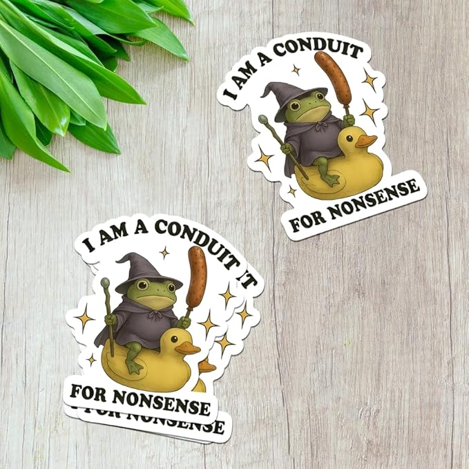 HANDICHI Design 5-Pack 3 Inch Funny Frog Stickers – “I Am a Conduit for Nonsense” Wizard Frog Vinyl Decals – Quirky Meme Sticker Pack for Laptops, Water Bottles, Journals and Scrapbooks