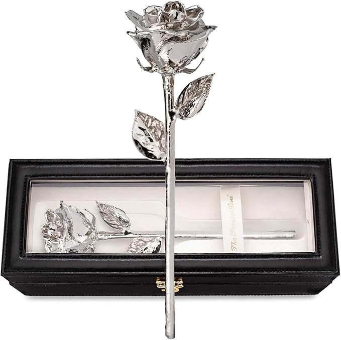 Forever Rose Real Rose Dipped in Platinum, Handcrafted Preserved Rose in Luxury Leather Display Case with LED Light, Romantic Gift for Her, Elegant Keepsake for Anniversary, Birthday, or Any Occasion