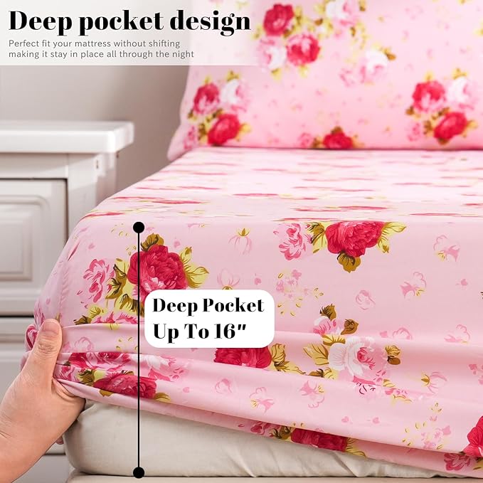 Bedlifes California King Sheet Set Ultra Soft, Breathable, Silky Flower Deep Pocket 100% Microfiber Bedding, 4 Piece Cal King Size Pink Floral(Red Rose)