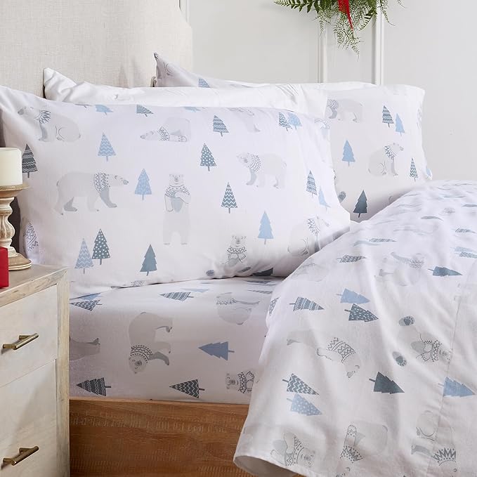 Market & Place 100% Turkish Cotton Flannel Sheet Set | 4 Piece Deep Pocket Novelty Cozy Winter Bed Sheets | Double Brushed for Extra Softness & Comfort | Alpine Collection (Full, Polar Bears)