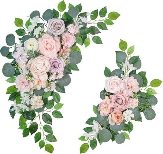 Faux Flowers Wedding Welcome Signs Floral(Pack of 2)，Wedding Arch Flowers for Decorations and Reception Backdrop Decoration (Pink)