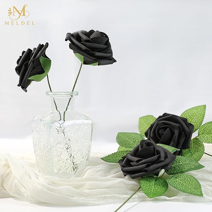 Meldel Artificial Flower 50pcs Real Touch Black Rose Fake Foam Roses with Stems for DIY Wedding Bouquets Gifts Bulk Crafts Faux Floral Centerpieces Arrangements Party Tables Home Halloween Decorations