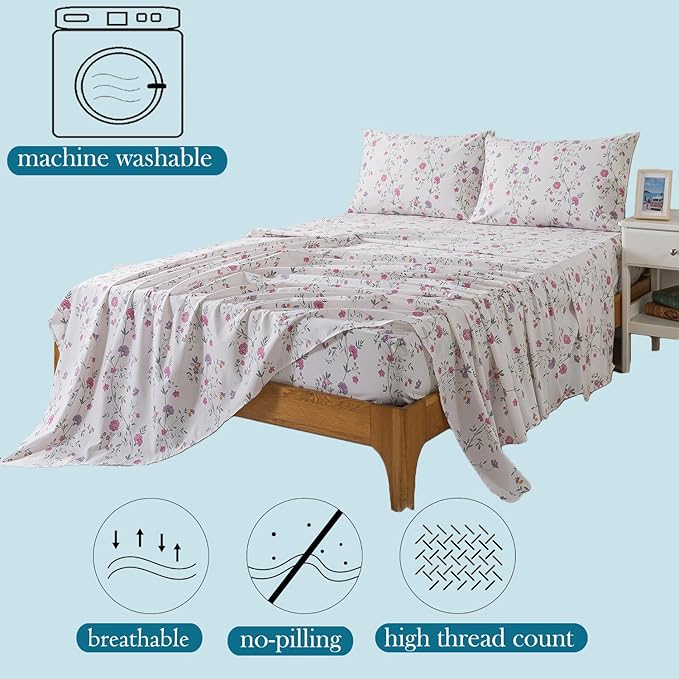 Zusbest- Full Sheets, Soft 100% Cotton Pink & Off White Floral Bed Sheets, Shabby Vintage Chic Purple Flower Printed Bed Set, Breathable Home Decor, Garden Style 4 Piece Deep Pocket（Rosy）