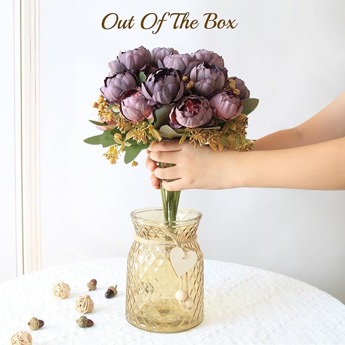 Fake Flowers in Vase,Fake Flowers with Vase 21 Pcs Faux Peony Flowers,Artificial Flowers for Home Decor, Indoor Centerpiece for Living Room & Dining Table (Purple Red)