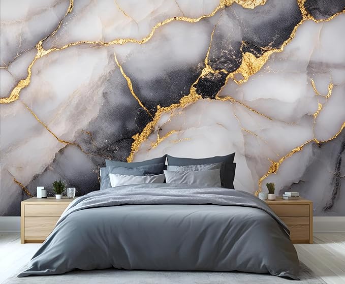 Golden Veins Marble Wall Mural, Black and White Marble 3D Wall Murals, Luxury Stone Wallpaper Mural, for Living Room Bedroom Large Wallpaper Indoor Decor 197" W x124.8 H