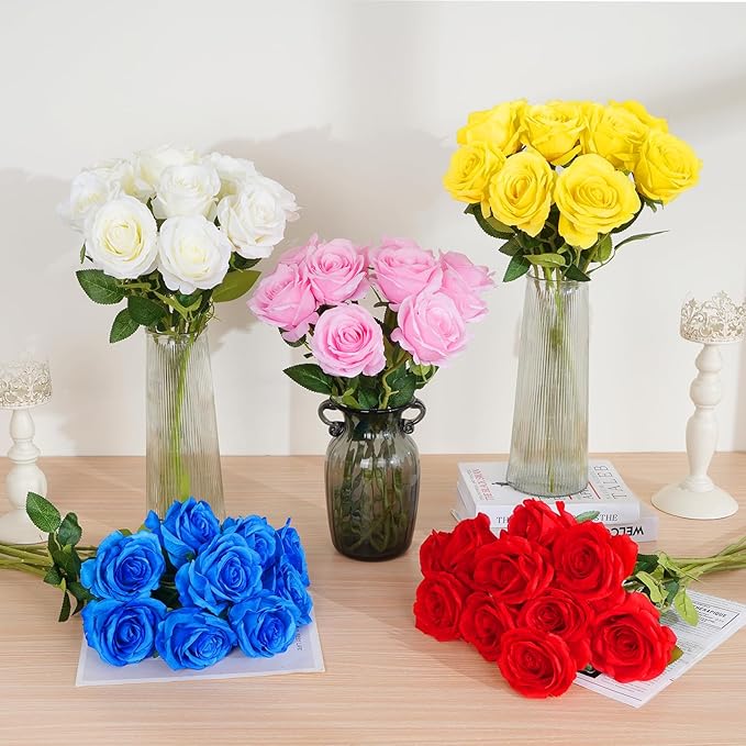 Waipfaru 16 Pcs Blue Roses Artificial Flowers, Fake Silk Roses with Long Stems, Faux Flowers for Independence Day Wedding Bouquet Centerpiece 4th of July Patriotic Decor (Royal Blue)
