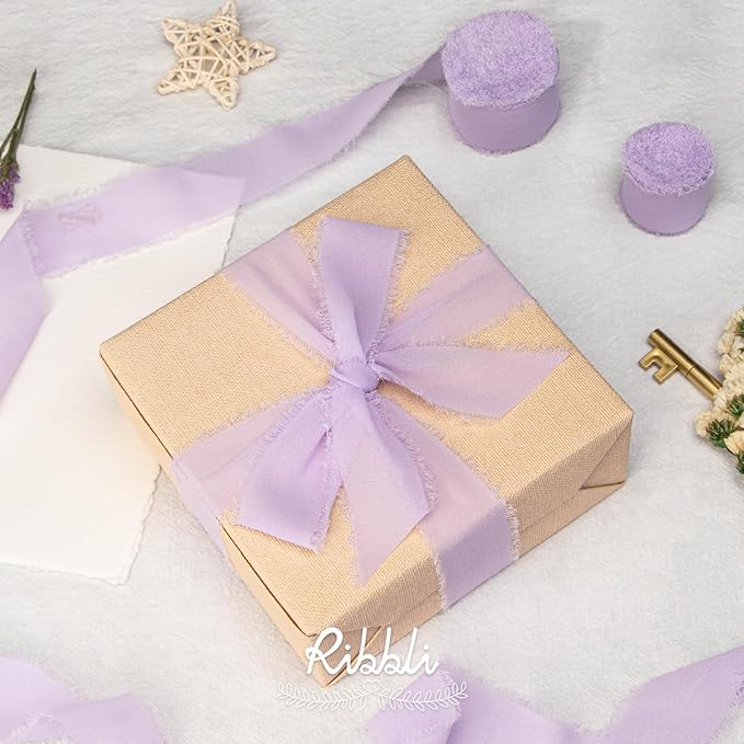 Ribbli Lavender Chiffon Silk Ribbon, 1-1/2 inch x 20 Yard, Handmade Fringe, Light Purple for Wedding Invitations, Bridal Bouquets, Flower Arrangement Decoration
