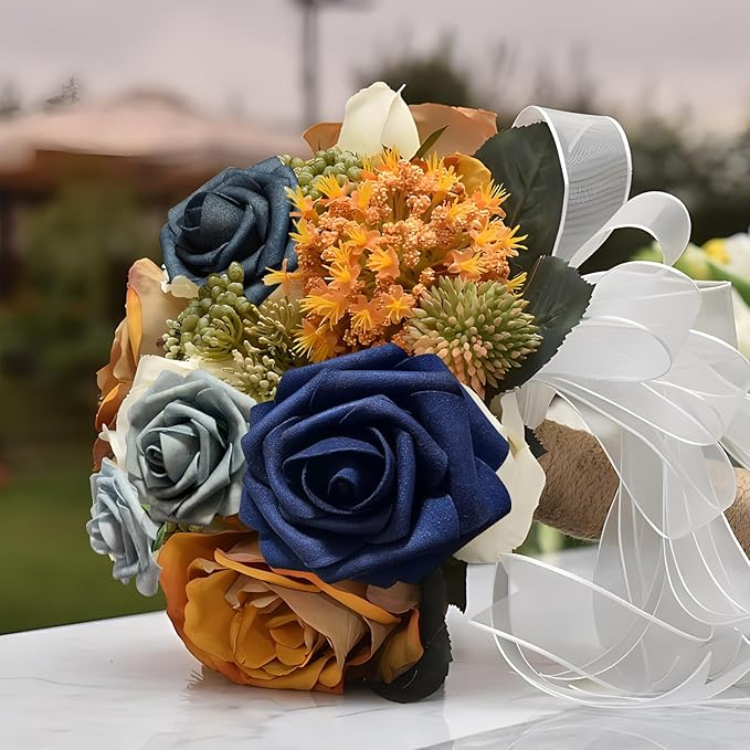 [25PCS] Navy Roses Artificial Flowers with Long Stem Real Touch Fake Foam Roses for Decoration DIY Wedding Bouquets Centerpieces Bridal Shower Mothers Day Party Flower Arrangements Home Decor