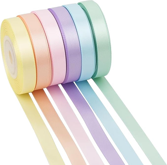 Pastel Ribbon for Crafts Pastel Rainbow Ribbon 3/8" Double Face Satin 6 Rolls Assortment Thin for Gift Wrapping,Wedding Party Decorations - 60Yards
