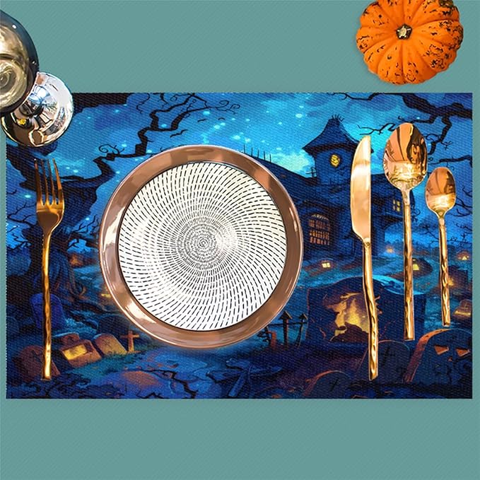 Halloween Castle Scary Blue Placemats Set of 6 PVC Vinyl Non Slip Table Mats Heat Resistant Place Mats Washable Wipeable Dining Table Mat for Kitchen Decor Party Indoor Outdoor Decorative Gift