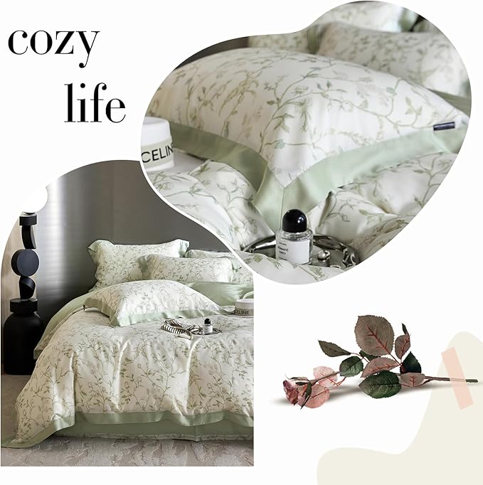 VM VOUGEMARKET Eucalyptus Lyocell Duvet Cover with 2 Pillow Shams,Vintage Garden Flower Bedding Set,Silky Soft, Cool-to-The-Touch Comforter Cover for Summer-King,Mint Green