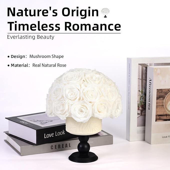 Luxury Preserved Flowers Blooms with Ceramic Base, Mushroom Shape Forever Eternal Natural Rose Gift Box for Home Table Decoration, Girlfriend Wife family Valentines Mothers Day Birthday (White)
