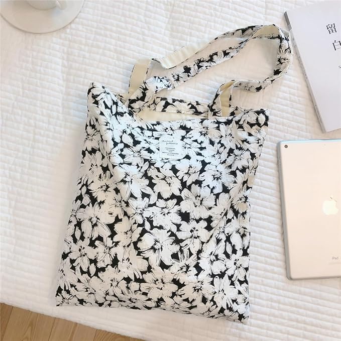 Cotton Canvas Tote Bag Reusable Soft Grocery Cloth Bag Floral Shoulder Bag for Beach Travel Shopping