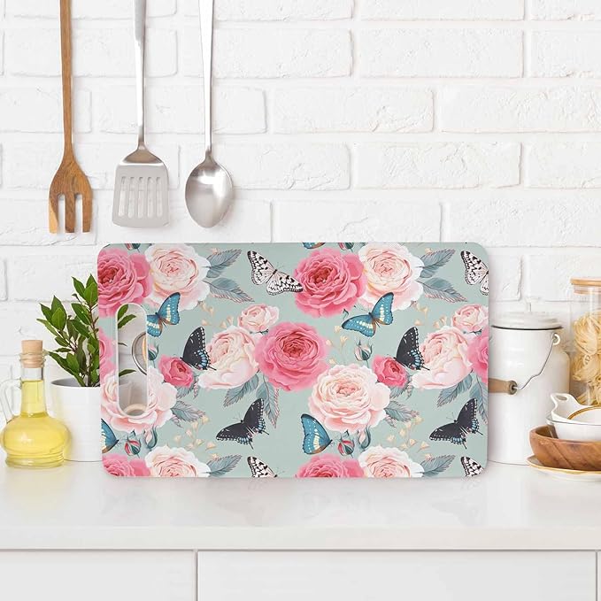 Butterfly Flowers Cutting Boards Peony Pink Roses Black Blue Blue Romantic Cutting Boards Kitchen Chopping Board with Handles Non Slip Plastic 16 x 10 x 0.24 Inch