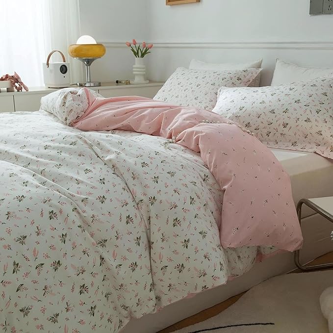 LifeTB Pink Floral Duvet Cover Queen Girls Cute Flower Pattern Duvet Cover 100% Cotton Vintage Country Bedding Cottagecore Comforter Cover with 2 Pillowcases Breathable Flower Bedding Set