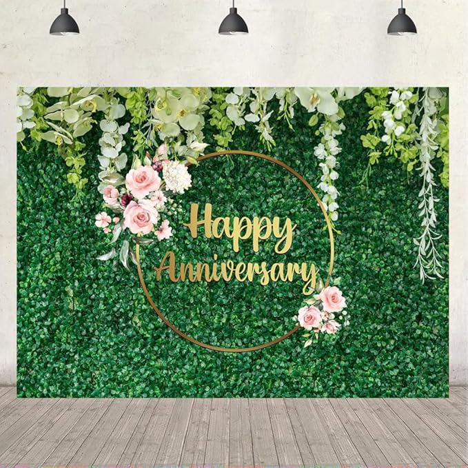 Ticuenicoa 5x3ft Green Grass Wall Floral Happy Anniversary Backdrop for Flower Love Cheers to 10 Years 50th Wedding Birthday Party Supplies Decorations Banner Photo Booth Props Gifts Background